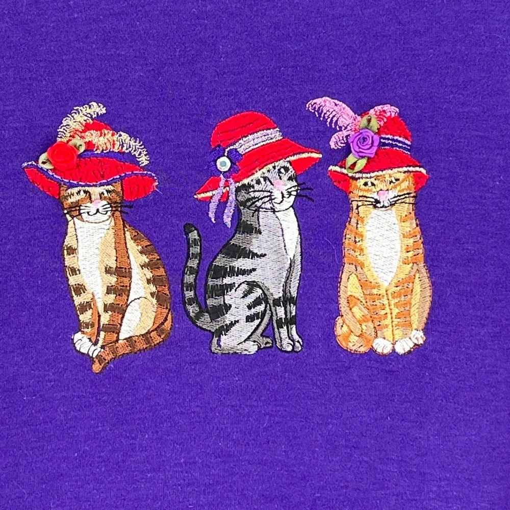 Vintage 90s Embroidered Cat Sweatshirt Purple Cottagecore Kitten Pullover XLP